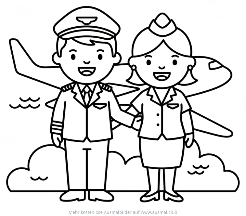 Pilot und Flugbegleiterin Ausmalbild vor Flugzeug