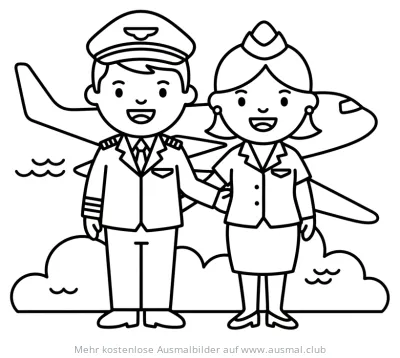 Pilot und Flugbegleiterin Ausmalbild vor Flugzeug