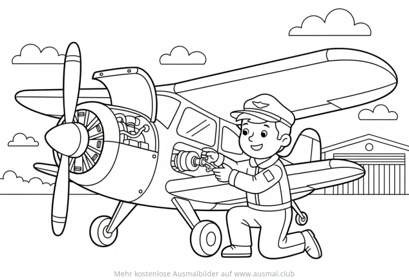 Pilot führt Motorcheck an seinem Flugzeug durch Ausmalbild