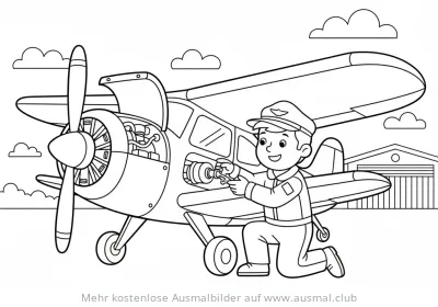 Pilot führt Motorcheck an seinem Flugzeug durch Ausmalbild