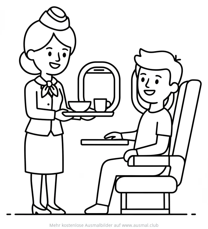 Flugbegleiterin serviert Essen im Flugzeug Ausmalbild