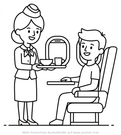 Flugbegleiterin serviert Essen im Flugzeug Ausmalbild