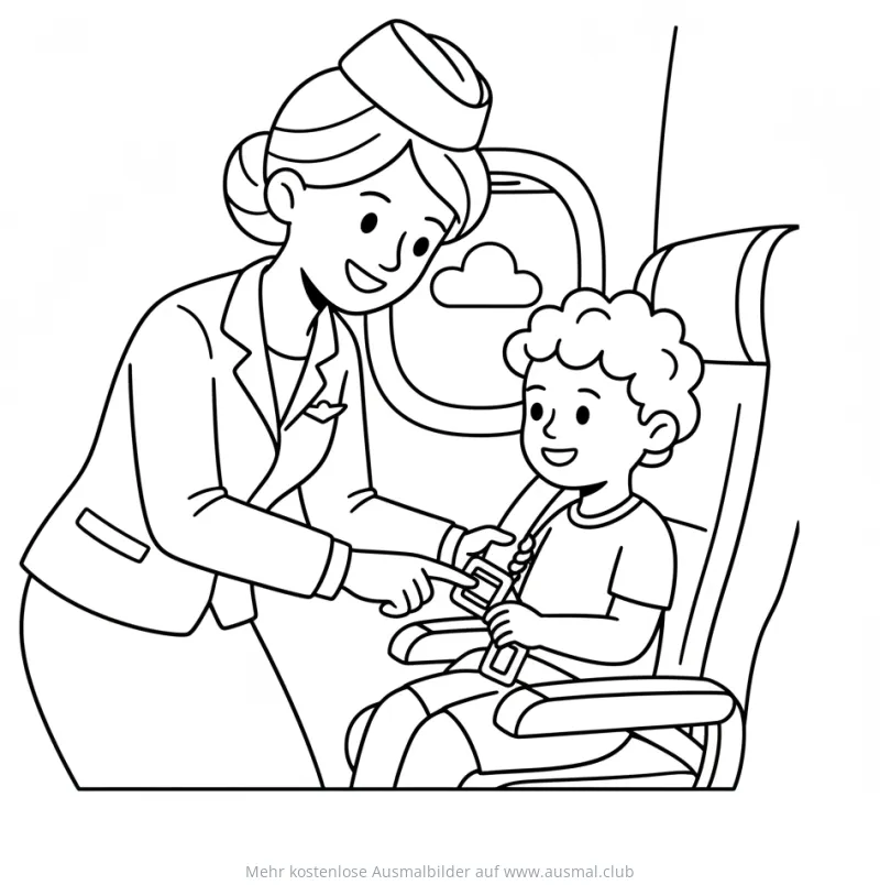 Flugbegleiterin zeigt Kind den Sicherheitsgurt im Flugzeug Ausmalbild