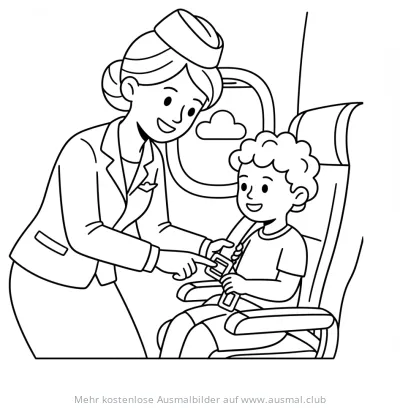 Flugbegleiterin zeigt Kind den Sicherheitsgurt im Flugzeug Ausmalbild