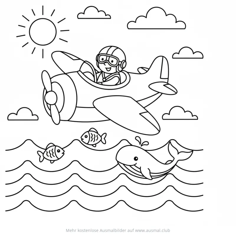 Pilot im Flugzeug über dem Meer mit Fischen und Wal Ausmalbild