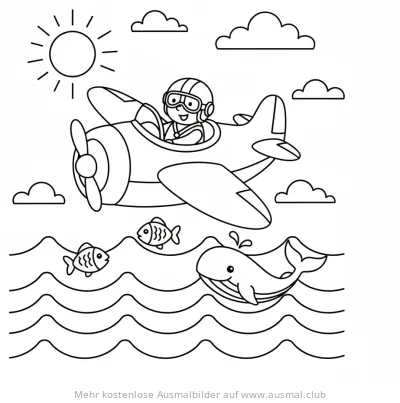 Pilot im Flugzeug über dem Meer mit Fischen und Wal Ausmalbild