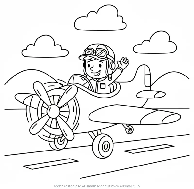 Pilot im Flugzeug winkt, Ausmalbild