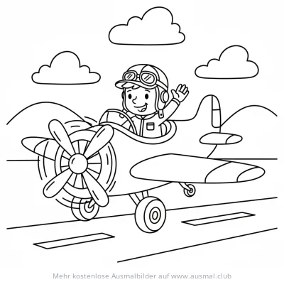 Pilot im Flugzeug winkt, Ausmalbild
