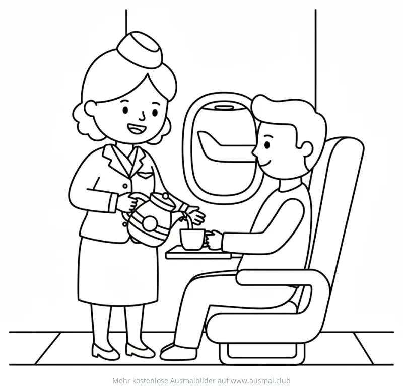 Flugbegleiterin serviert Passagier Kaffee im Flugzeug Ausmalbild