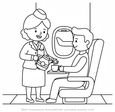 Flugbegleiterin serviert Passagier Kaffee im Flugzeug Ausmalbild