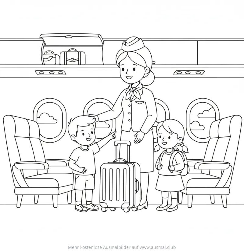 Flugbegleiterin mit Kindern und Gepäck im Flugzeug Ausmalbild