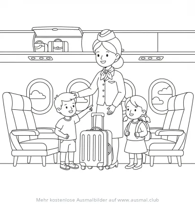 Flugbegleiterin mit Kindern und Gepäck im Flugzeug Ausmalbild