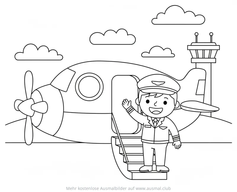 Pilot winkt vor Flugzeug Ausmalbild