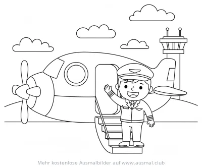Pilot winkt vor Flugzeug Ausmalbild
