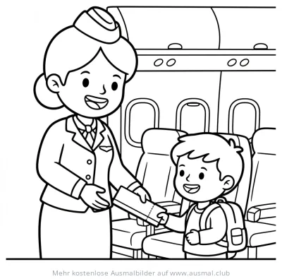 Flugbegleiterin gibt Ticket an Jungen im Flugzeug Ausmalbild