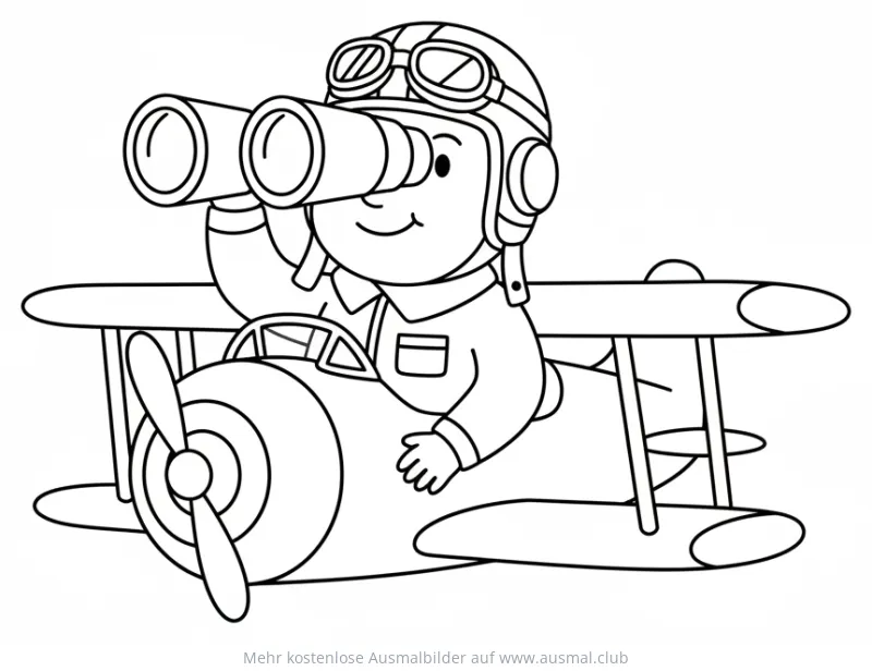 Pilot mit Fernglas im Flugzeug Ausmalbild