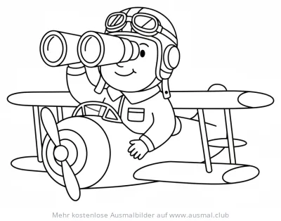 Pilot mit Fernglas im Flugzeug Ausmalbild