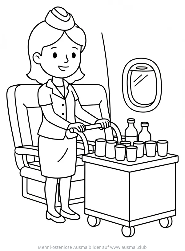 Flugbegleiterin mit Getränkewagen im Flugzeug Ausmalbild