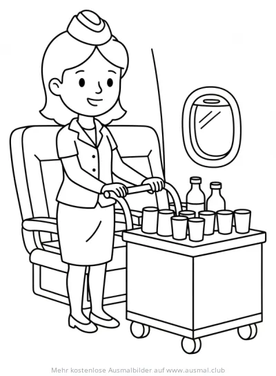 Flugbegleiterin mit Getränkewagen im Flugzeug Ausmalbild