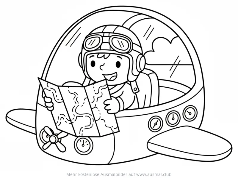 Pilot mit Karte im Flugzeug Ausmalbild