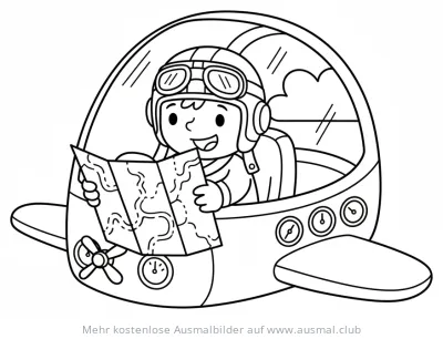 Pilot mit Karte im Flugzeug Ausmalbild