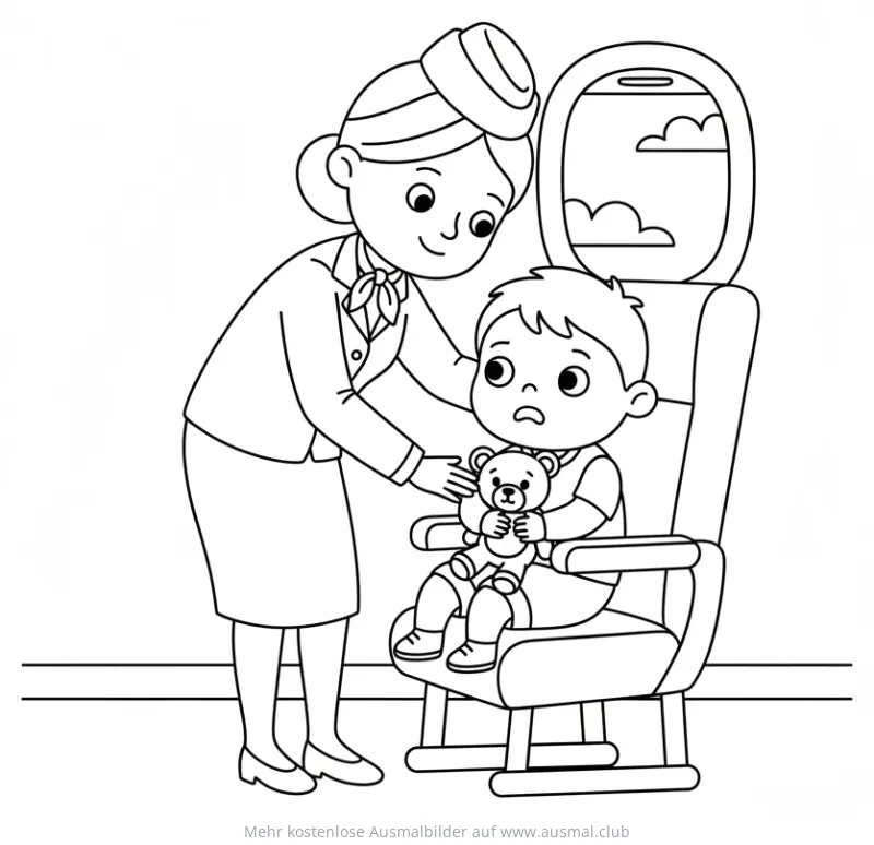 Junge mit Teddy wird von Flugbegleiterin im Flugzeug beruhigt Ausmalbild