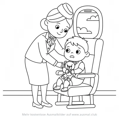Junge mit Teddy wird von Flugbegleiterin im Flugzeug beruhigt Ausmalbild
