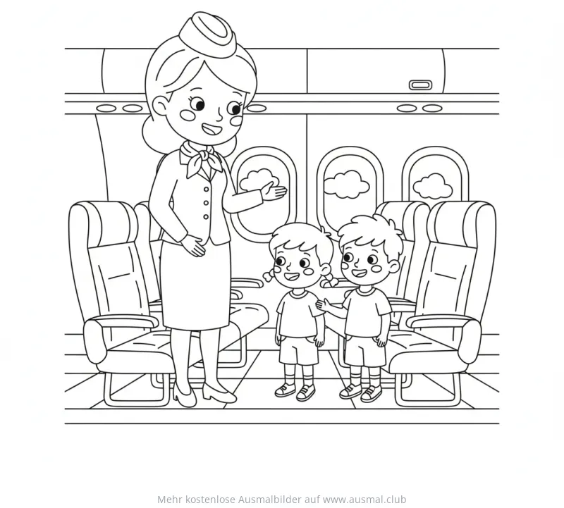 Flugbegleiterin und Kinder im Flugzeug Ausmalbild
