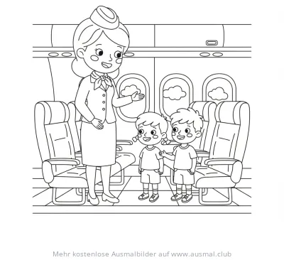 Flugbegleiterin und Kinder im Flugzeug Ausmalbild