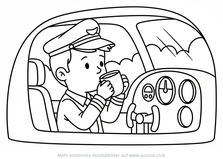 Pilot trinkt Kaffee im Cockpit Ausmalbild