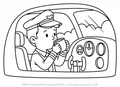 Pilot trinkt Kaffee im Cockpit Ausmalbild