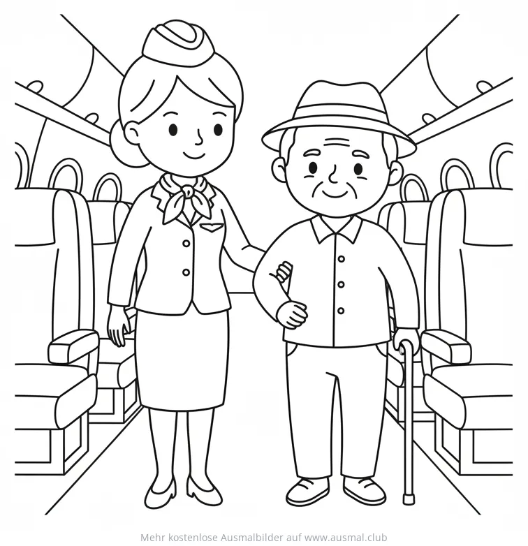 Flugbegleiterin hilft älterem Mann Ausmalbild