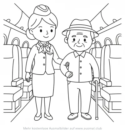 Flugbegleiterin hilft älterem Mann Ausmalbild