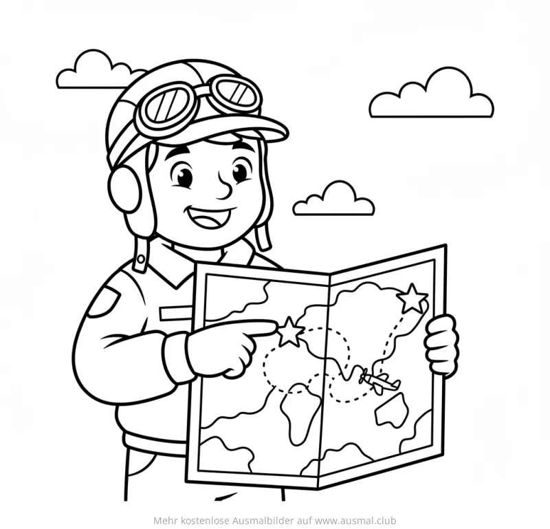 Pilot mit Fliegerbrille und Weltkarte Ausmalbild