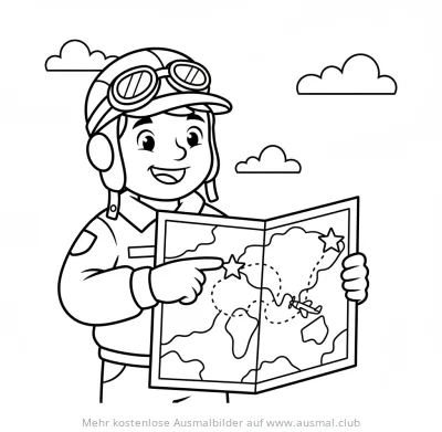Pilot mit Fliegerbrille und Weltkarte Ausmalbild