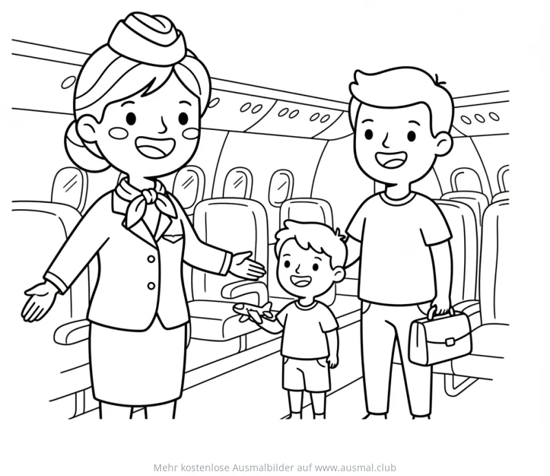 Flugbegleiterin begrüßt Jungen mit Vater im Flugzeug Ausmalbild
