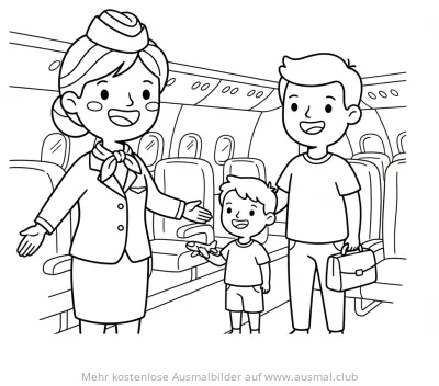 Flugbegleiterin begrüßt Jungen mit Vater im Flugzeug Ausmalbild