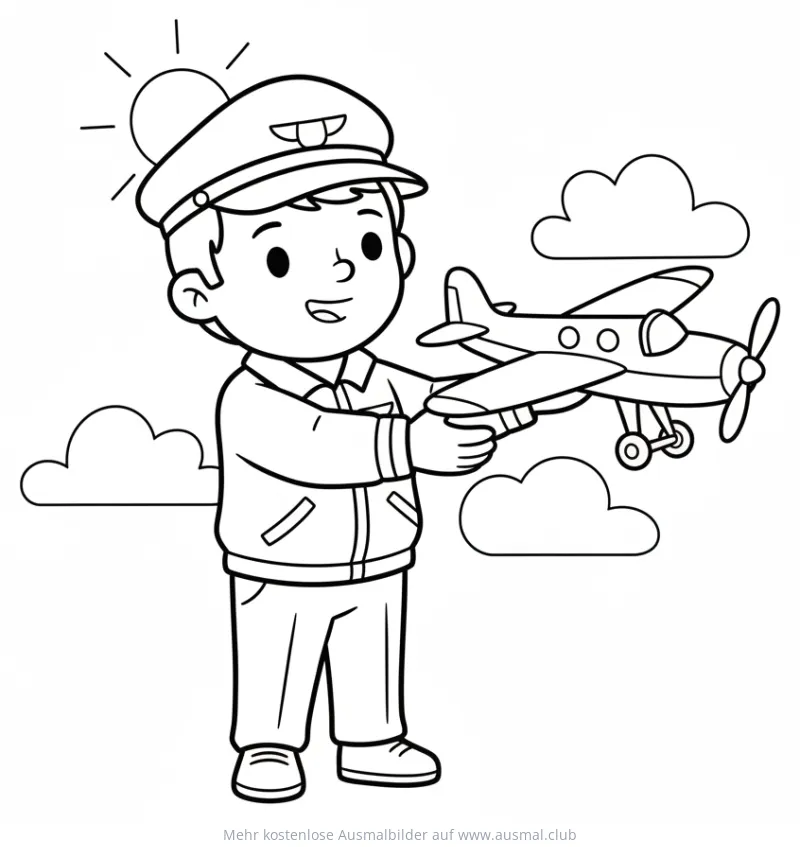 Pilot hält ein Modellflugzeug Ausmalbild