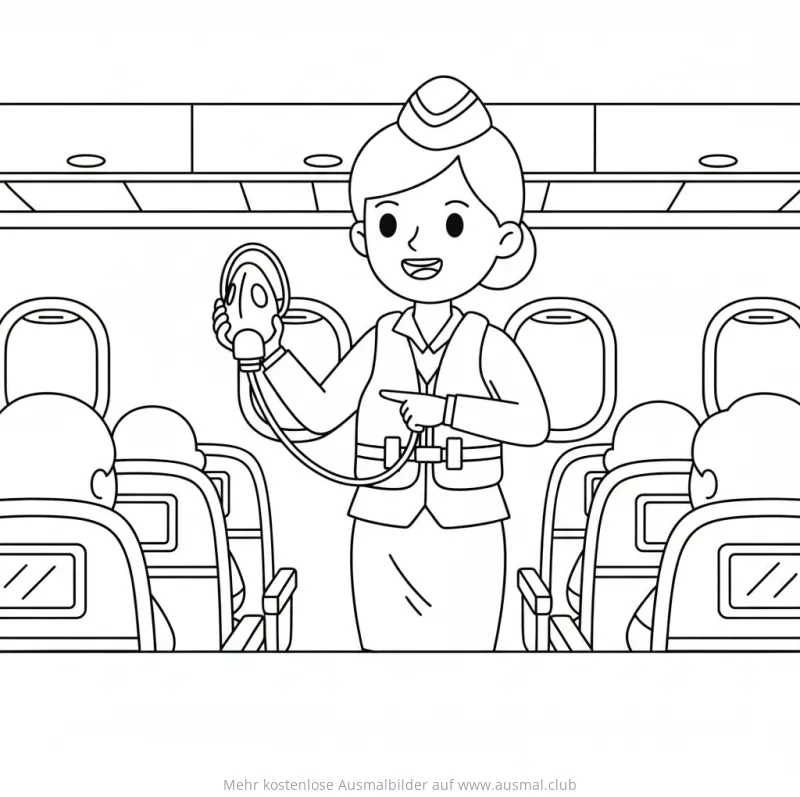 Flugbegleiterin erklärt Sicherheitsdemo im Flugzeug Ausmalbild
