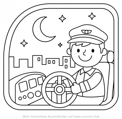 Pilot im Cockpit beim Nachtflug Ausmalbild