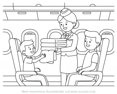 Flugbegleiterin bringt Decke im Flugzeug Ausmalbild