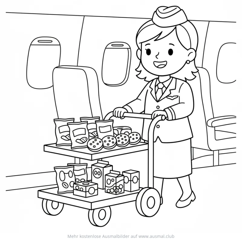 Freundliche Flugbegleiterin mit Snackwagen im Flugzeug Ausmalbild