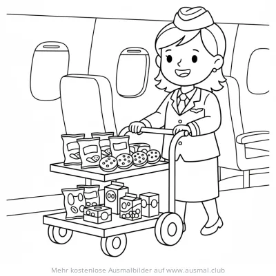 Freundliche Flugbegleiterin mit Snackwagen im Flugzeug Ausmalbild
