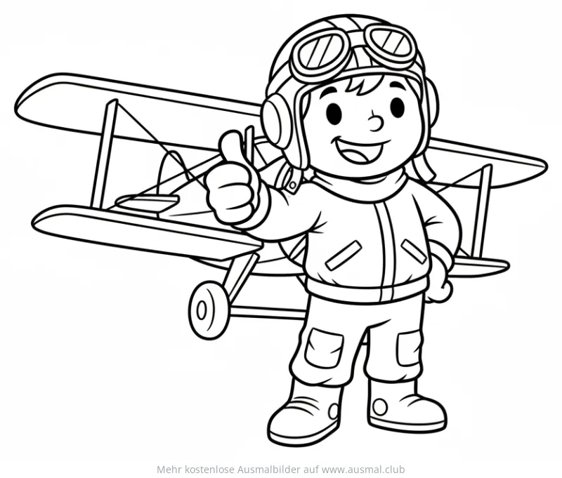 Pilot vor Doppeldecker Flugzeug Ausmalbild