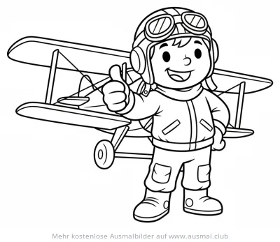 Pilot vor Doppeldecker Flugzeug Ausmalbild