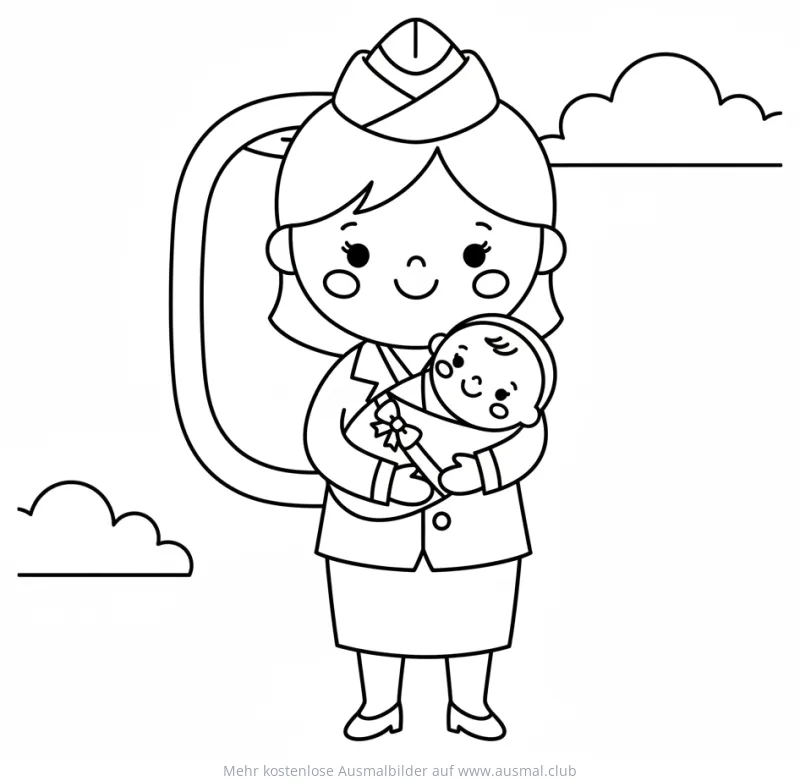Flugbegleiterin hält Baby im Arm Ausmalbild