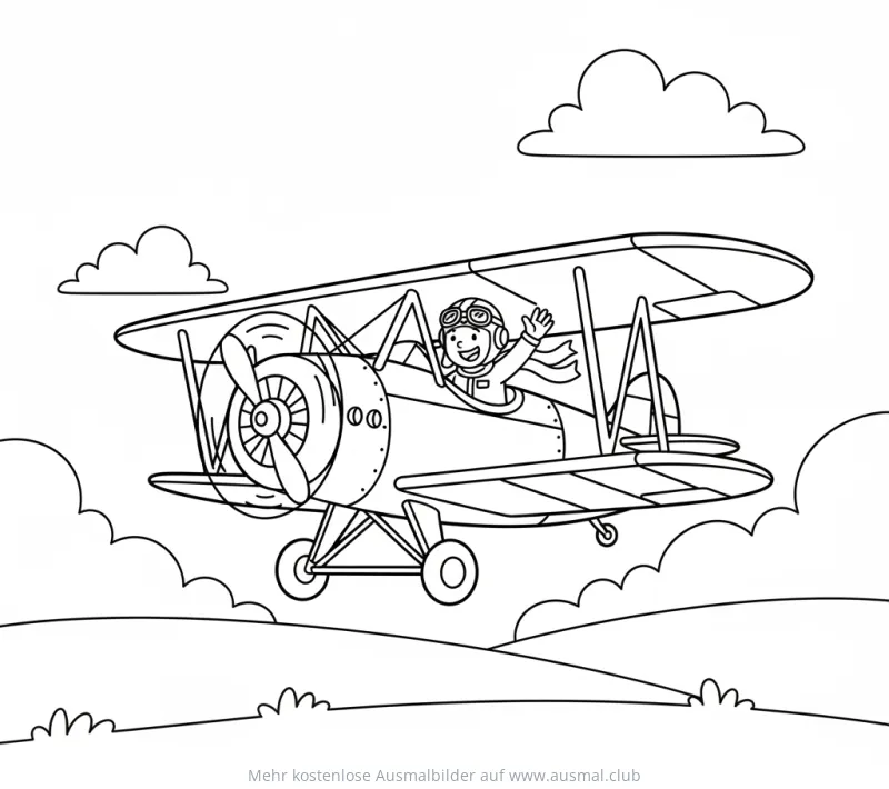 Pilot winkt aus altem Doppeldecker Flugzeug Ausmalbild