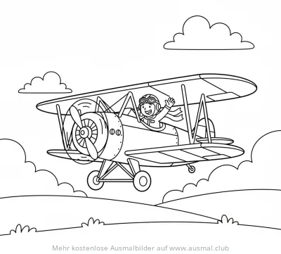 Pilot winkt aus altem Doppeldecker Flugzeug Ausmalbild