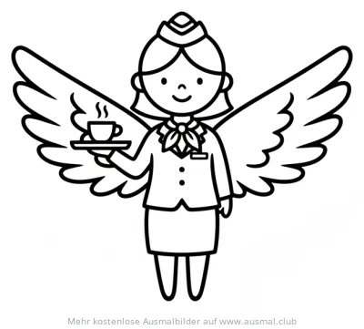 Flugbegleiterin mit Engelsflügeln serviert Kaffee Ausmalbild
