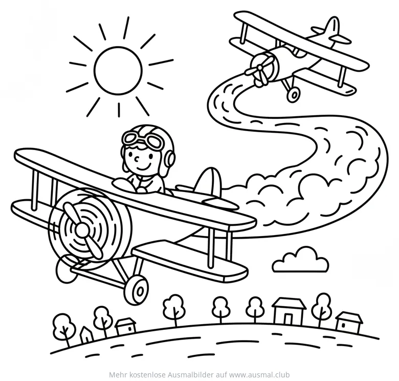 Pilot im Doppeldecker mit Rauchbild Ausmalbild